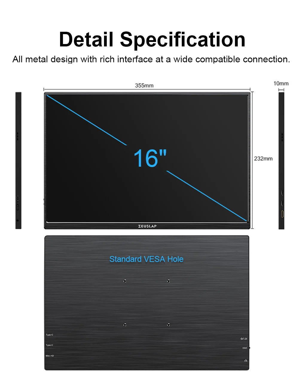 ZEUSLAP 16-palčni prenosni zaslon na dotik | 1200P IPS, 100 % sRGB, USB‑C in HDMI
