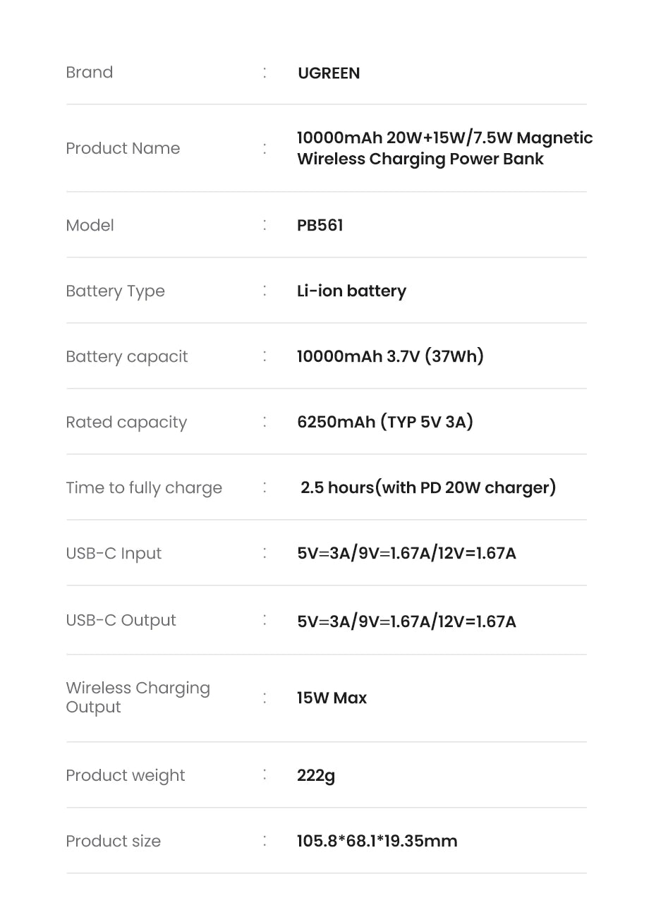 UGREEN PD20W Magnetic Power Bank – 10000mAh Portable Wireless Fast Charging External Battery