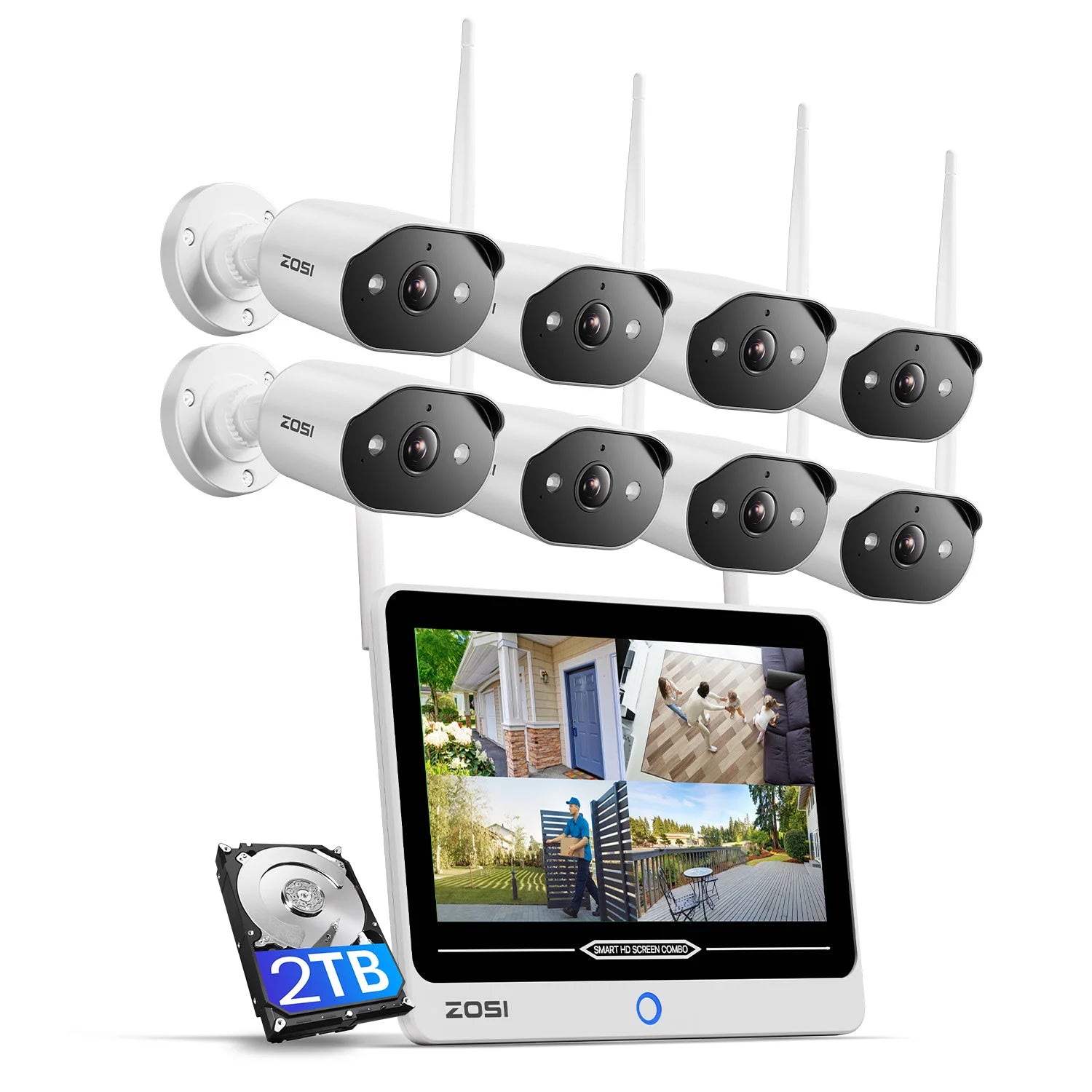 ZOSI 2K Wi‑Fi 6 8CH Security Camera System – 12'' LCD Monitor, 3MP Indoor/Outdoor Plug‑in WiFi Cameras