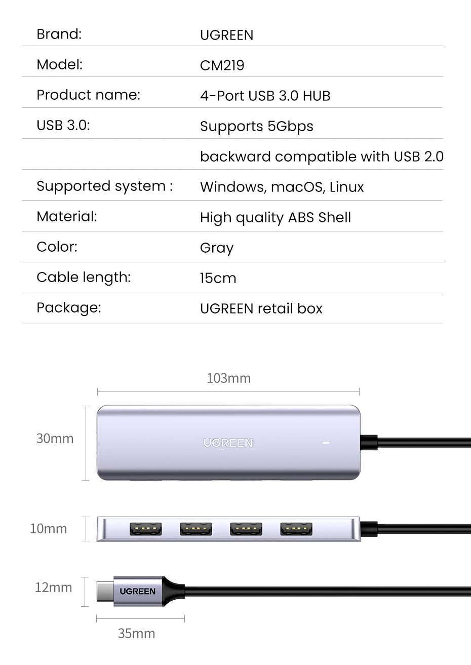 UGREEN USB‑C to USB 3.0 Hub | 4‑Port High‑Speed Splitter for MacBook, iPad & Samsung