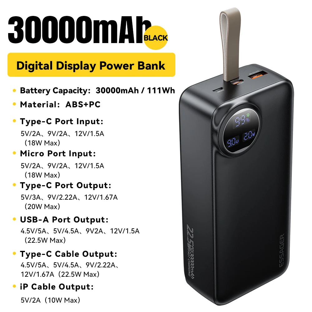 ESSAGER 30000mAh Power Bank 22.5W PD Fast Charging Portable