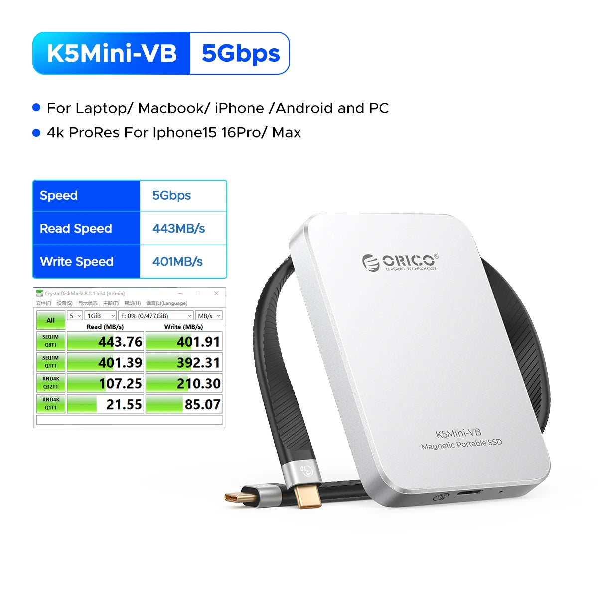 ORICO K5MINI‑VB 480GB Portable SSD – 460MB/s USB 3.2 External Solid State Drive