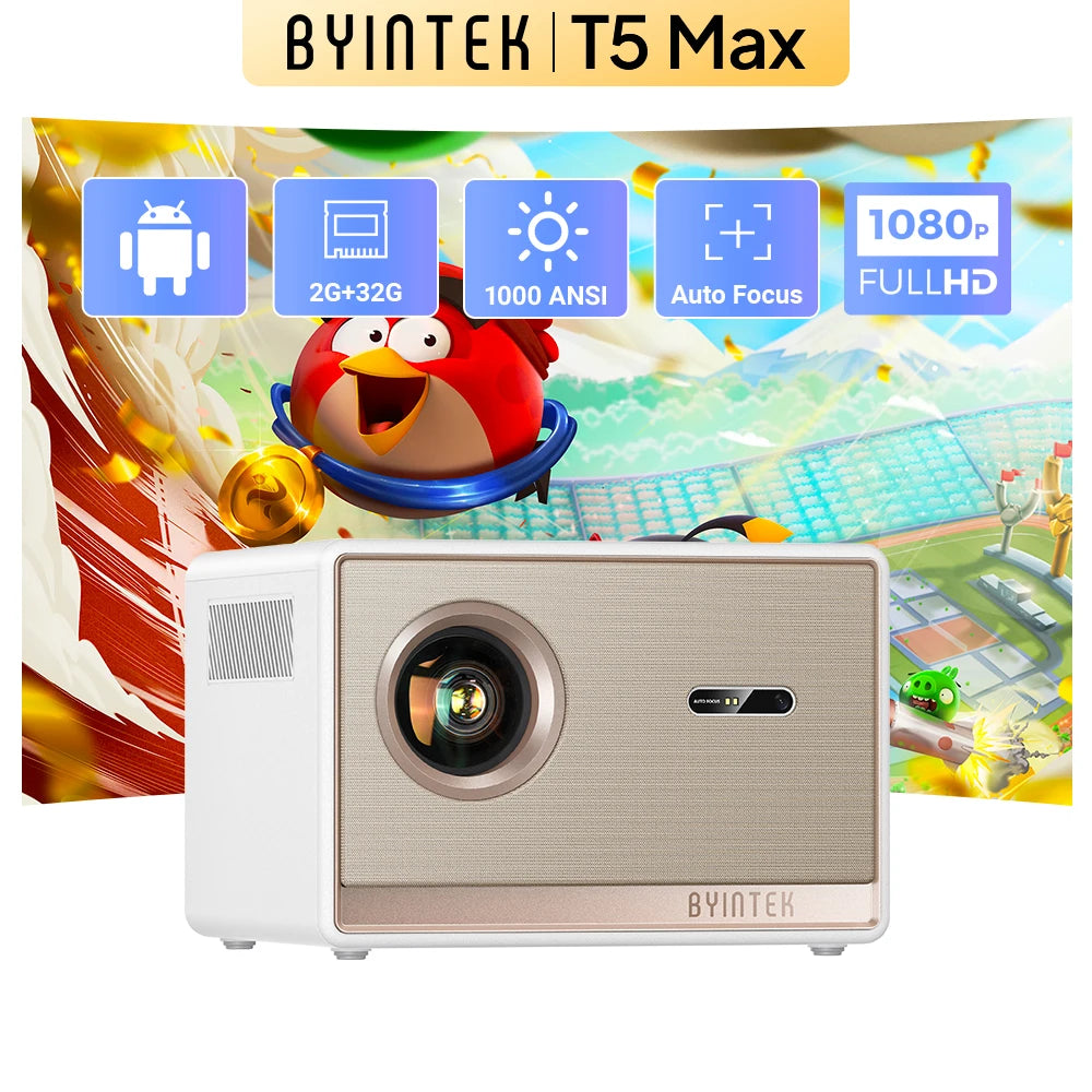 BYINTEK T5 Max Smart Home Theater Projector – 1000 ANSI Lumens, Native 1080P, 4K Support