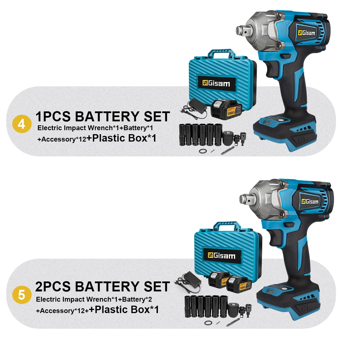 Gisam 1200N.m Torque Brushless Electric Impact Wrench 1/2 inch Cordless Wrench Screwdriver