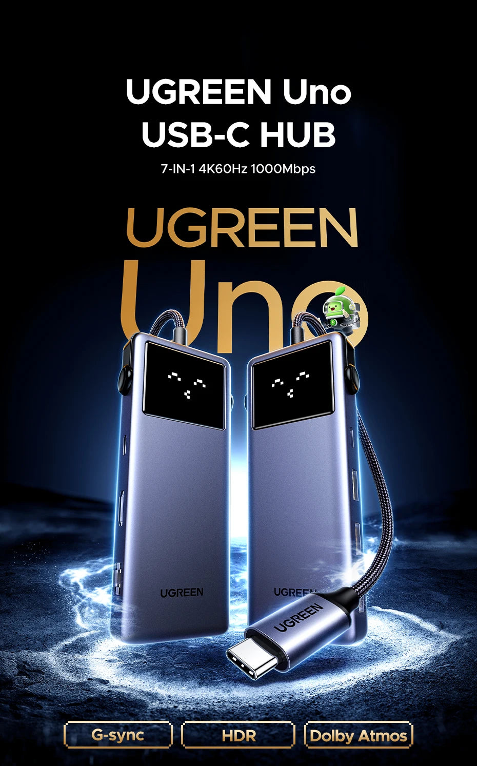 UGREEN Uno USB‑C Hub | 4K60Hz / 2K120Hz HDMI, RJ45 1000Mbps, PD100W, USB 3.0 Splitter for MacBook & Laptops