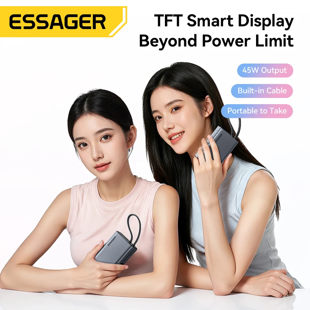 ESSAGER 45W Power Bank 10000mAh with Built-in USB-C Cable