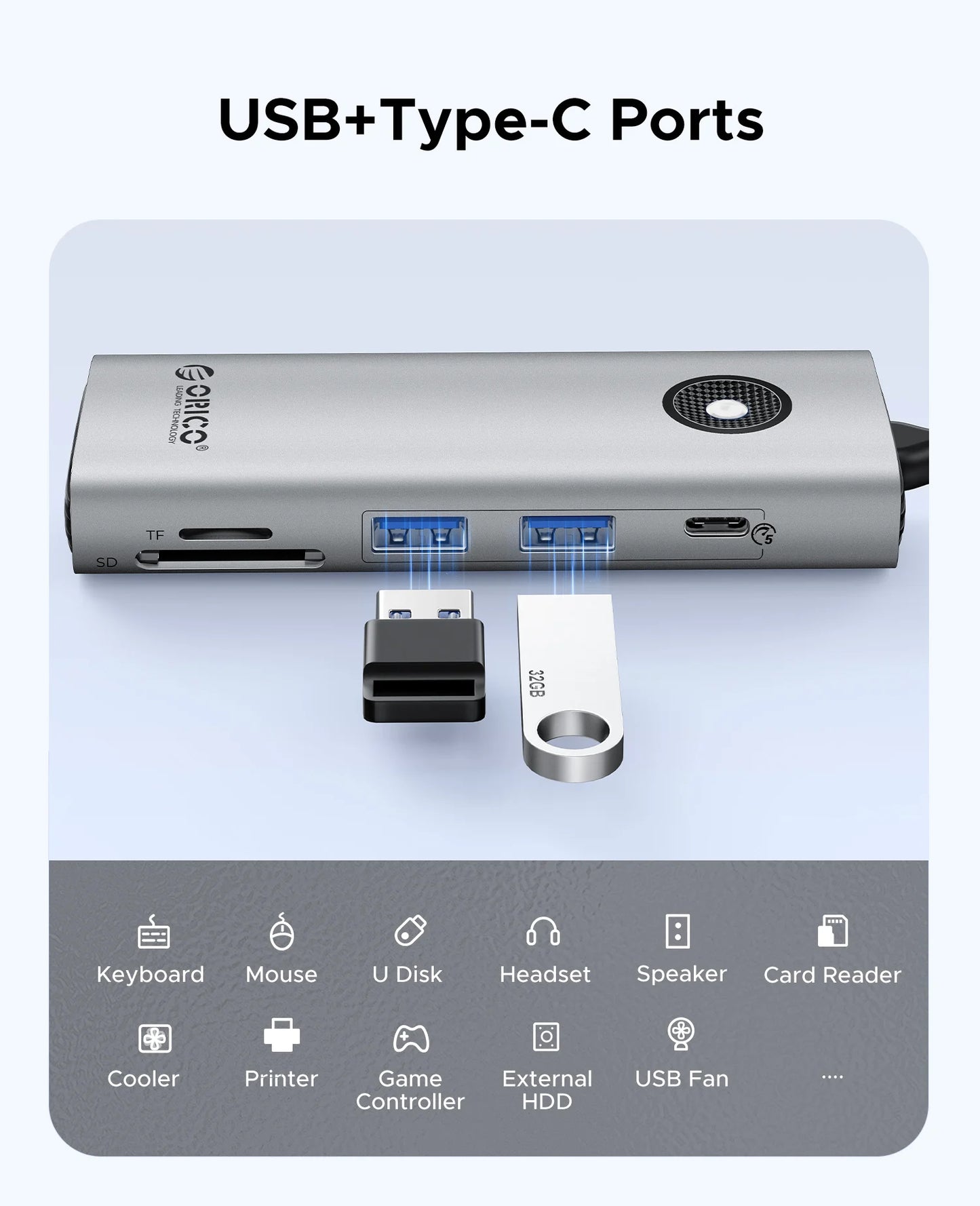 ORICO 8-v-1 zvezdišče USB-C trojna priklopna postaja z dvojnim HDMI 4K60Hz, vrati USB 3.0