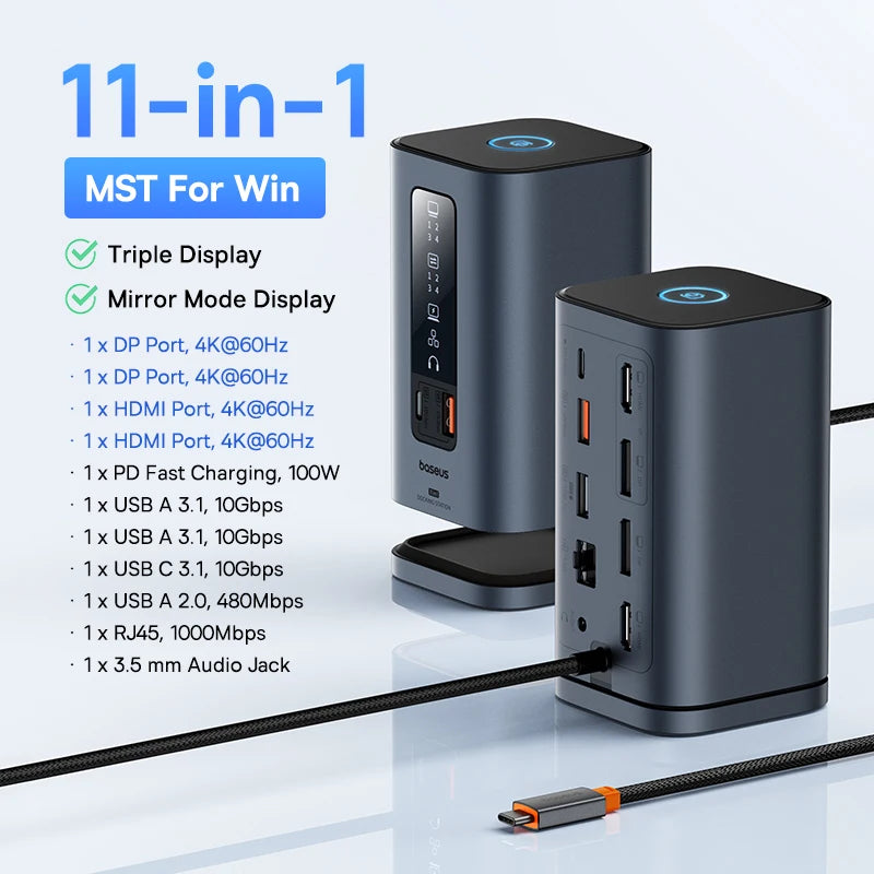 Baseus 11‑in‑1 USB‑C Hub | DP 4K@60Hz, HDMI, Triple Display, RJ45, PD 100W, USB 3.1 Docking Station