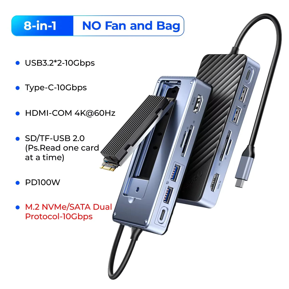 ORICO 10Gbps USB‑C Display Hub with M.2 NVMe/SATA SSD Enclosure, Cooling Fan, 4K60Hz HDMI