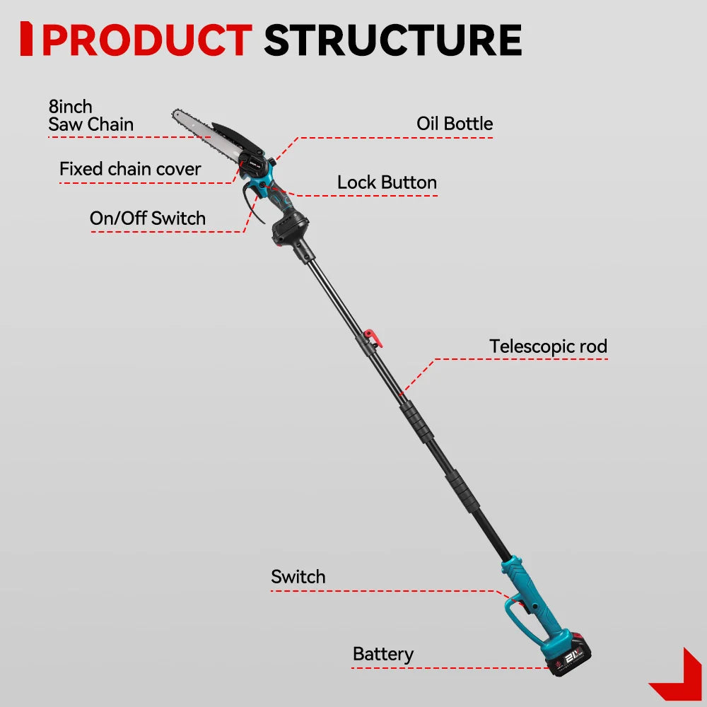 ONEVAN 5500W Brushless Telescoping Pole Saw | 8" Chain, Extendable, High‑Branch Pruning, Battery Powered