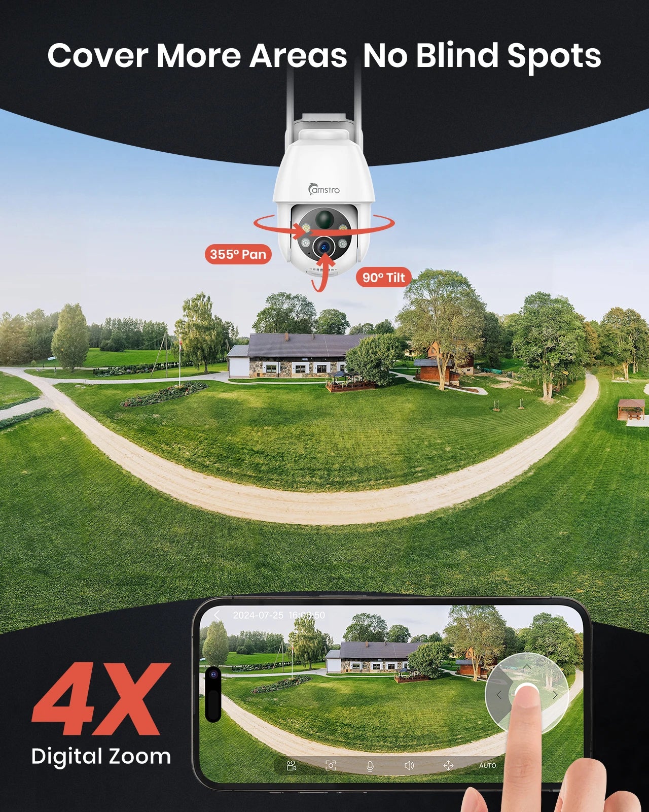 Camstro 2K Solar PTZ Camera | Color Night Vision, 4× Optical Zoom, Two‑Way Audio, 2.4G WiFi