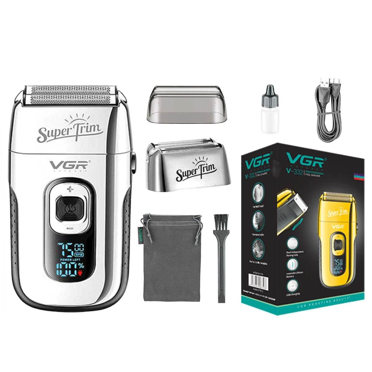 VGR Shaver Beard Trimmer Metal Twin Blade Shaving Machine Professional Rechargeable Usb Foil Electric Shaver Razor for Men V-332