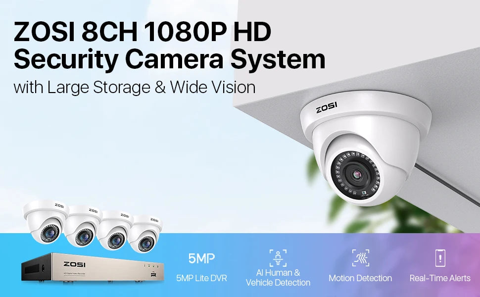 ZOSI 8CH 1080P Wired Security Camera System – H.265+ 5MP Lite DVR Recorder with 2MP Indoor/Outdoor