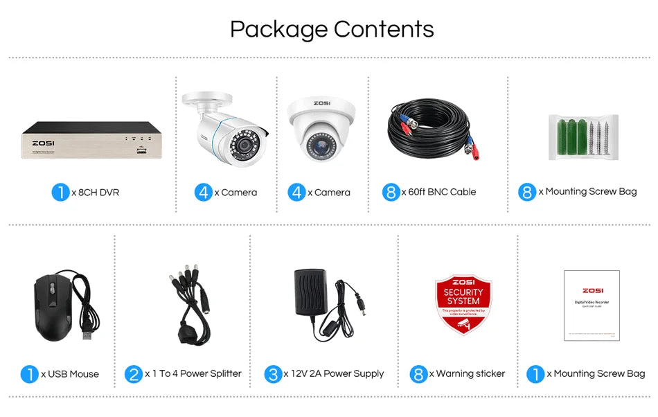 ZOSI 8CH 1080p Wired Security Camera System – H.265+ DVR Recorder with 8× 2MP Outdoor HD‑TVI CCTV Cameras