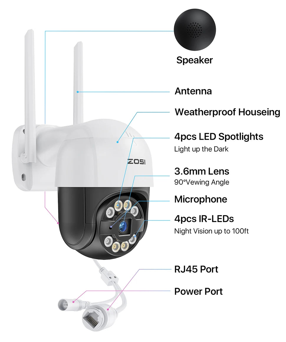 ZOSI 2K 3MP Pan/Tilt Outdoor WiFi PTZ Camera – Add‑On Camera for ZOSI NVR Systems