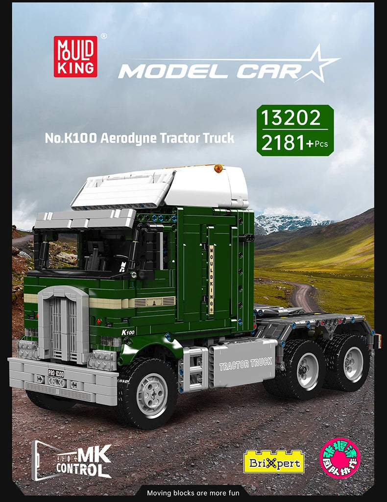 Mould King 13202 Motorized K100 Aerodyne Tractor Truck | RC Technical American Cabover Building Set - Limetastore