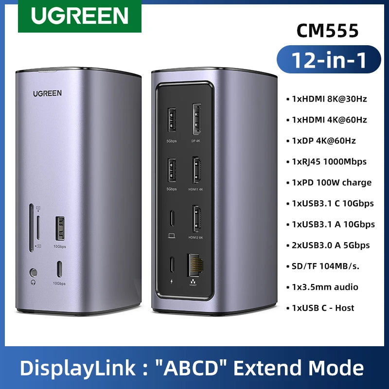 UGREEN 12‑in‑1 USB‑C Docking Station with 8K HDMI, 4K60Hz DisplayPort, Triple Display