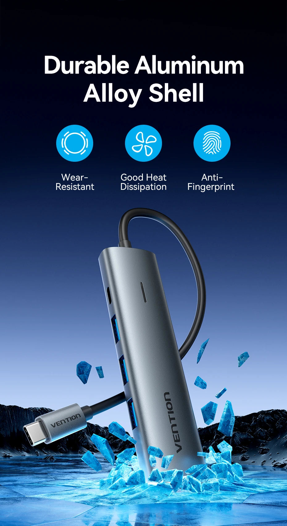 Vention USB‑C to USB‑A 4‑Port Hub | High‑Speed USB 3.0 Splitter for MacBook & Laptops