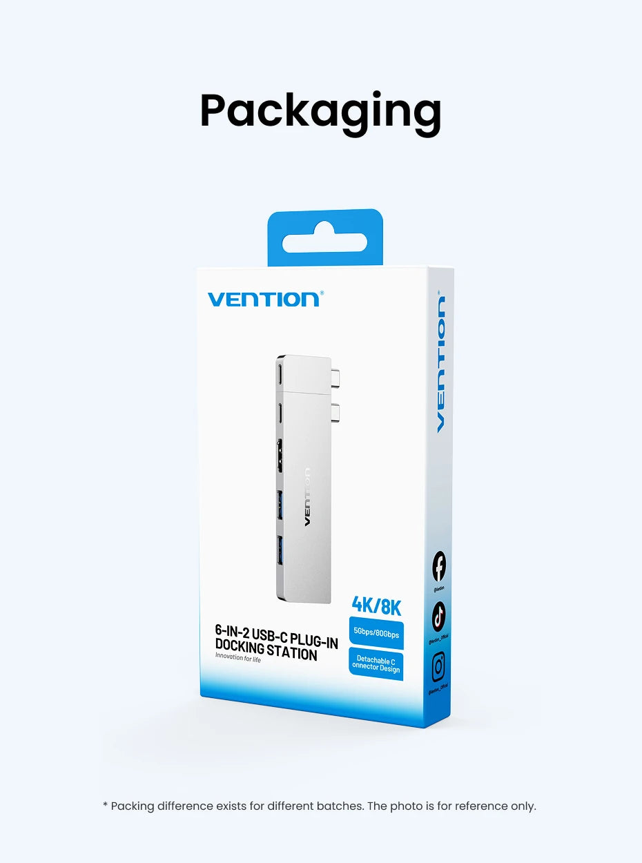 Vention 6‑in‑2 USB‑C Plug‑in Hub | Thunderbolt 4 80Gbps, 8K, HDMI 4K60Hz, USB 3.0 Dock for MacBook