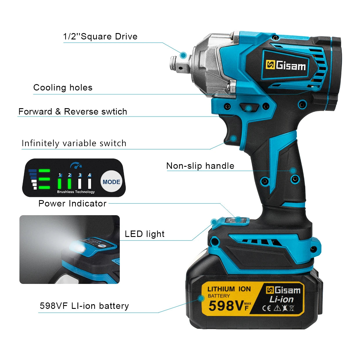 Gisam 1200N.m Torque Brushless Electric Impact Wrench 1/2 inch Cordless Wrench Screwdriver