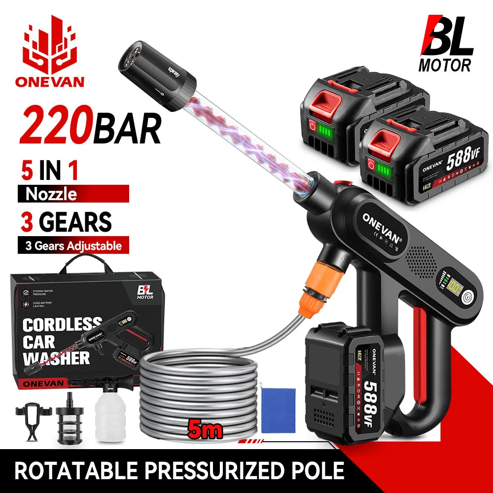 ONEVAN 220Bar Brushless High Pressure Car Washer Gun 5in1 3 Gear Spray Gun Garden Washing Power Tool For Makita 18V Battery Pin