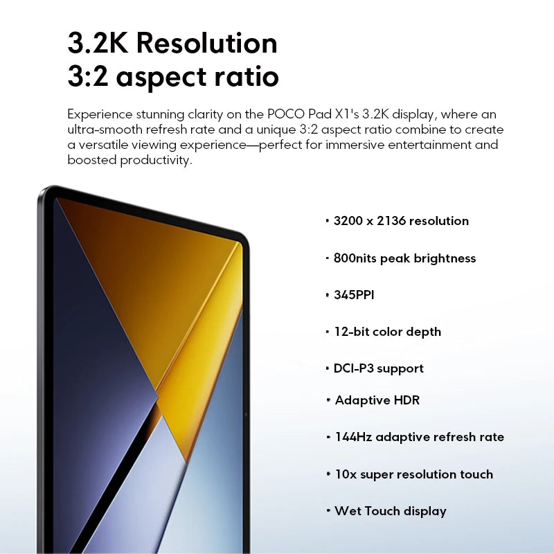 POCO Pad X1 Global Version Tablets Snapdragon 7+ Gen 3 11.2'' 3.2K 144Hz Display 8850mAh 45W Turbo Charging 13MP Main Camera - Limetastore