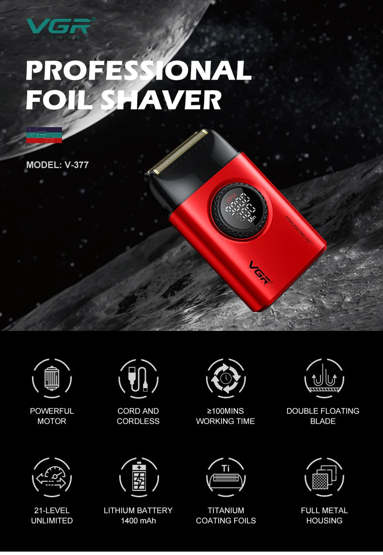 VGR Shaver Professional Razor Rechargeable Beard Trimmer Electric Shaver Digital Display Trimmer 9000 RPM Shaver for Man V-377