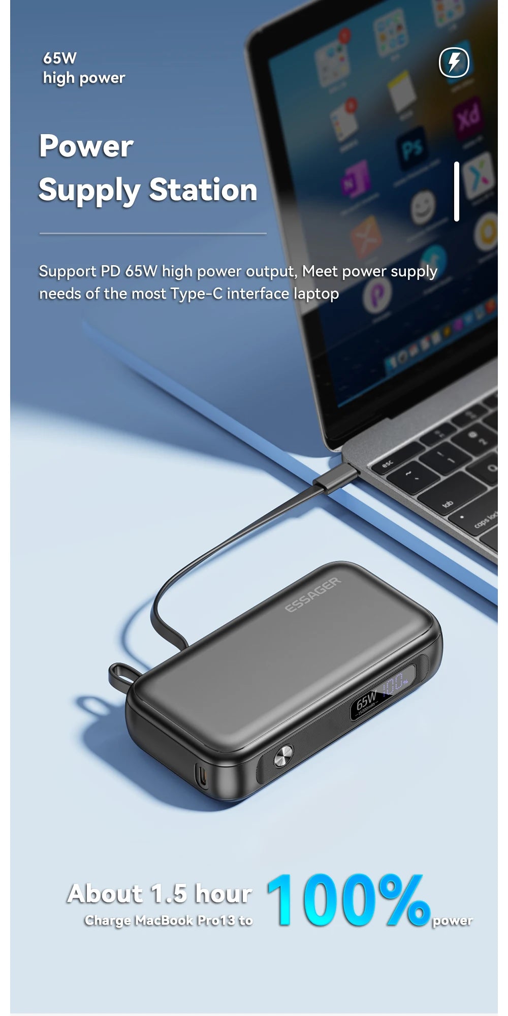 ESSAGER 15000mAh Power Bank 65W with USB-C Cable