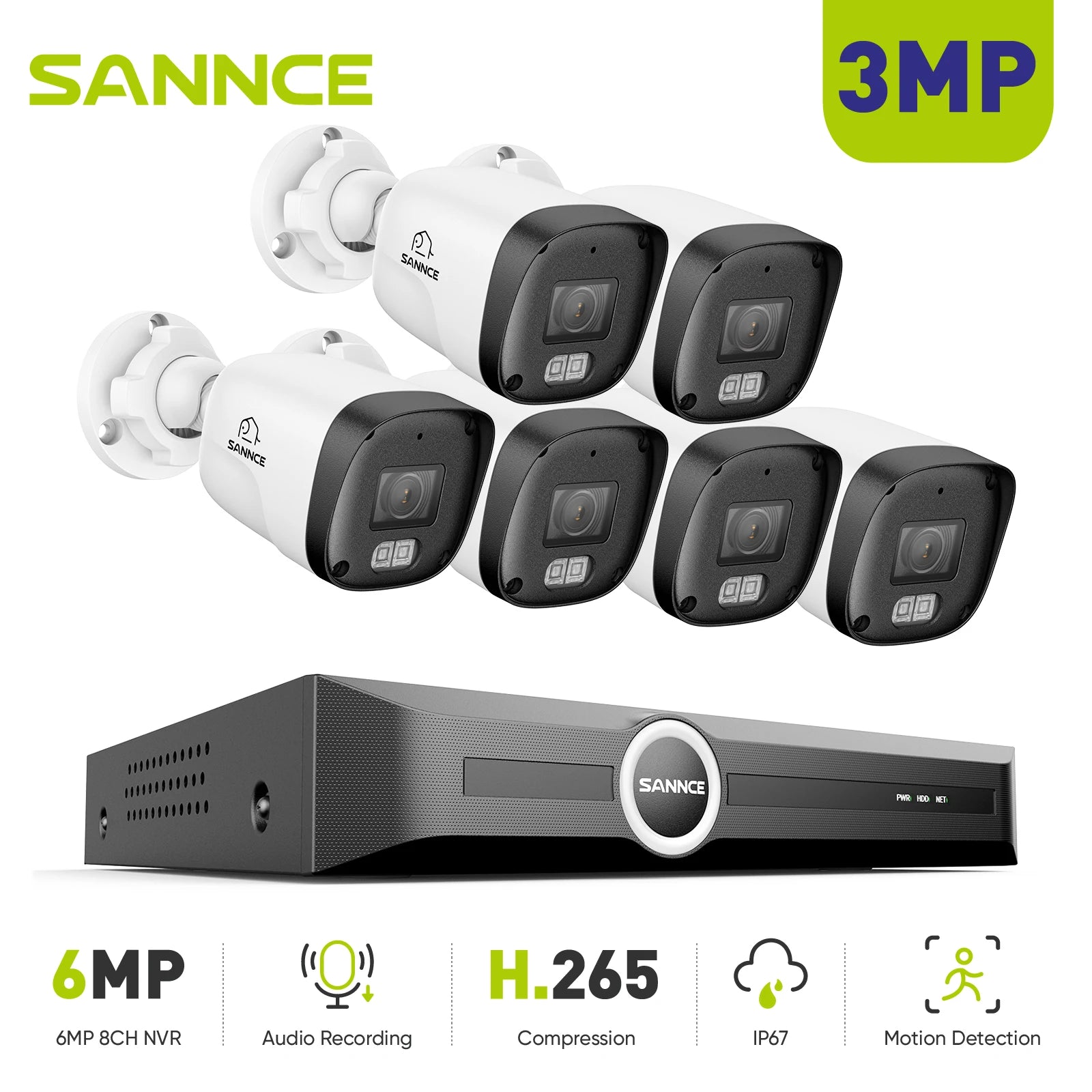 SANNCE 3MP/5MP PoE CCTV System | 8CH H.265 NVR, Audio, ONVIF, Night Vision