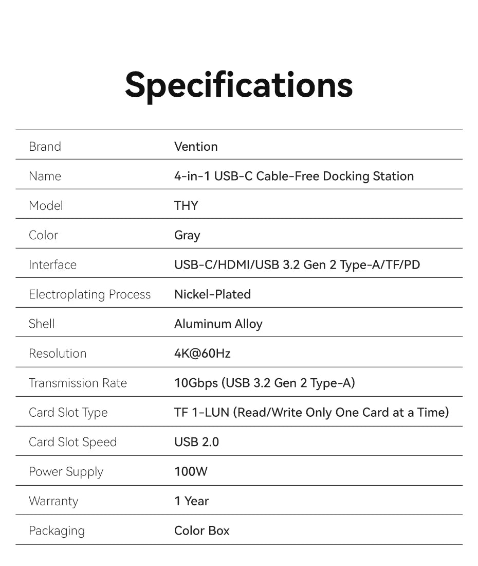 Vention USB‑C 4‑in‑1 Hub | USB 3.2 Gen2, 4K60Hz HDMI, PD 100W Portable Docking Station