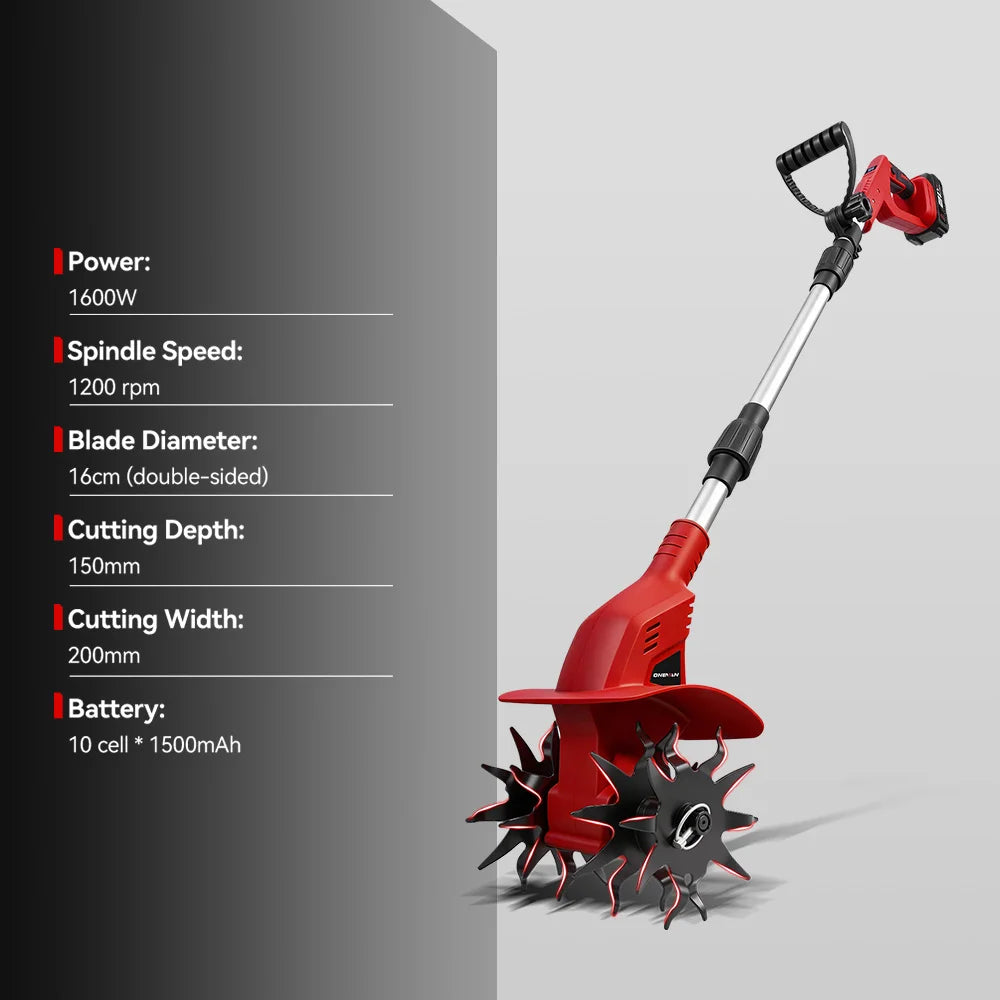 ONEVAN Brushless 1600W Electric Rototiller Tiller Cultivator Lawn Mower Cordless Scarifier Garden Tool For Makita Battery Pin