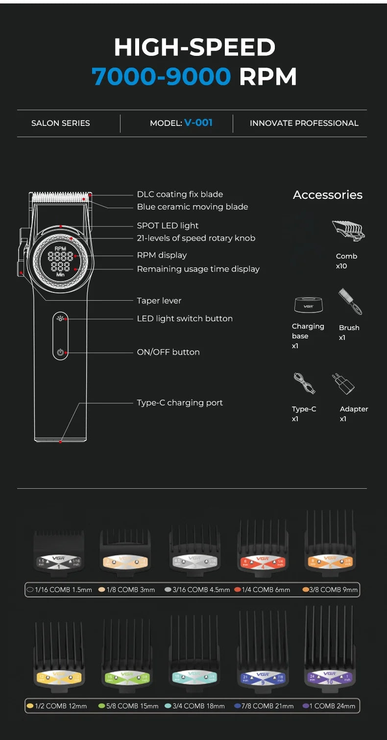 VGR Hair Cutting Machine Professional Trimmer 9000 RPM Hair Clipper Bldc Motor Barber Cordless Clipper Trimmer for Men V-001