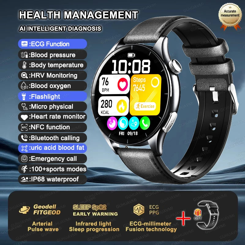 2025 New BMI Body Fat Blood Analysis Health Smartwatch NFC Bluetooth Call Smart Watch Led Flashlight Outdoor Sports Clock's Men - Limetastore