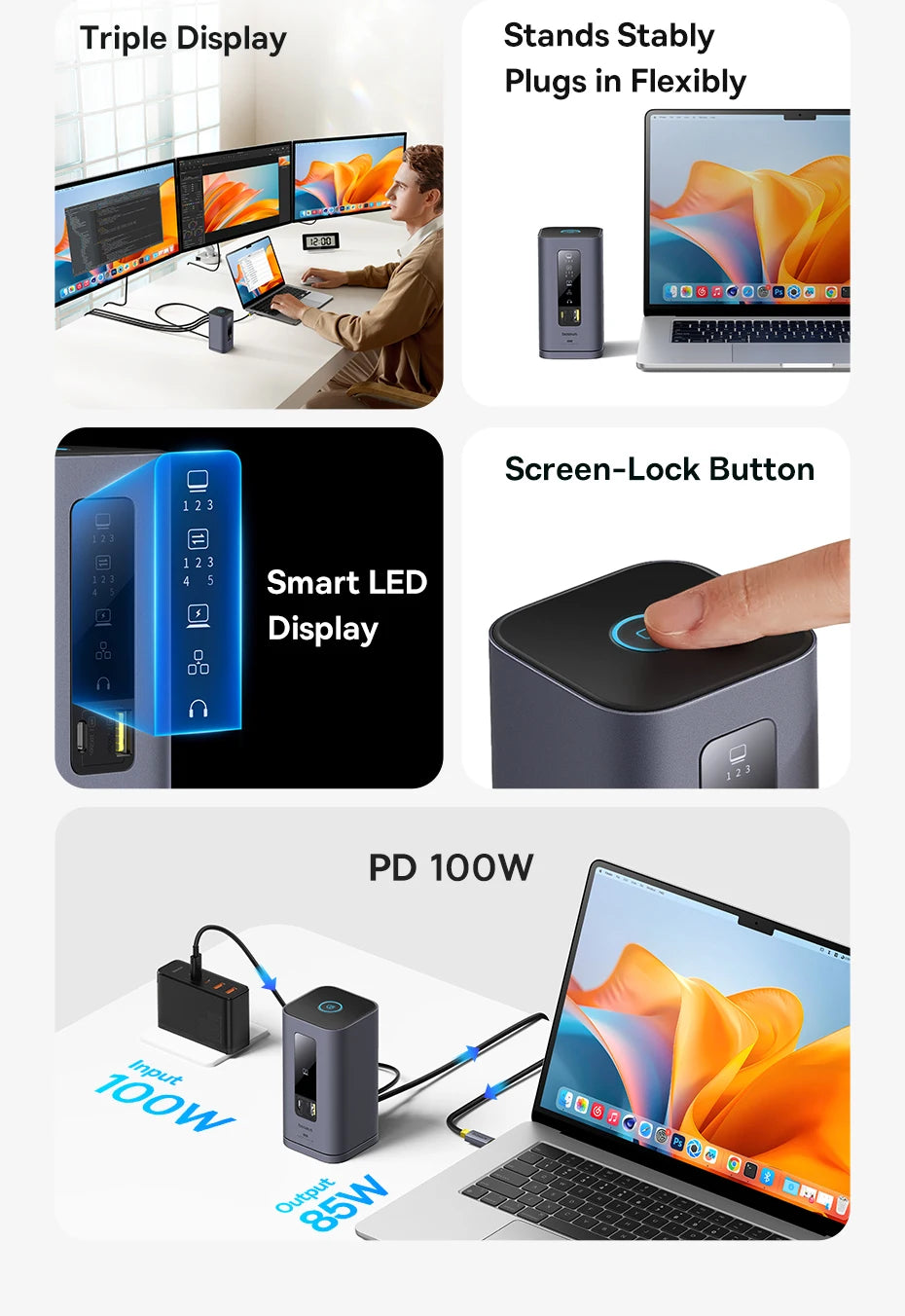 Baseus 11‑in‑1 USB‑C Hub | DP 4K@60Hz, HDMI, Triple Display, RJ45, PD 100W, USB 3.1 Docking Station