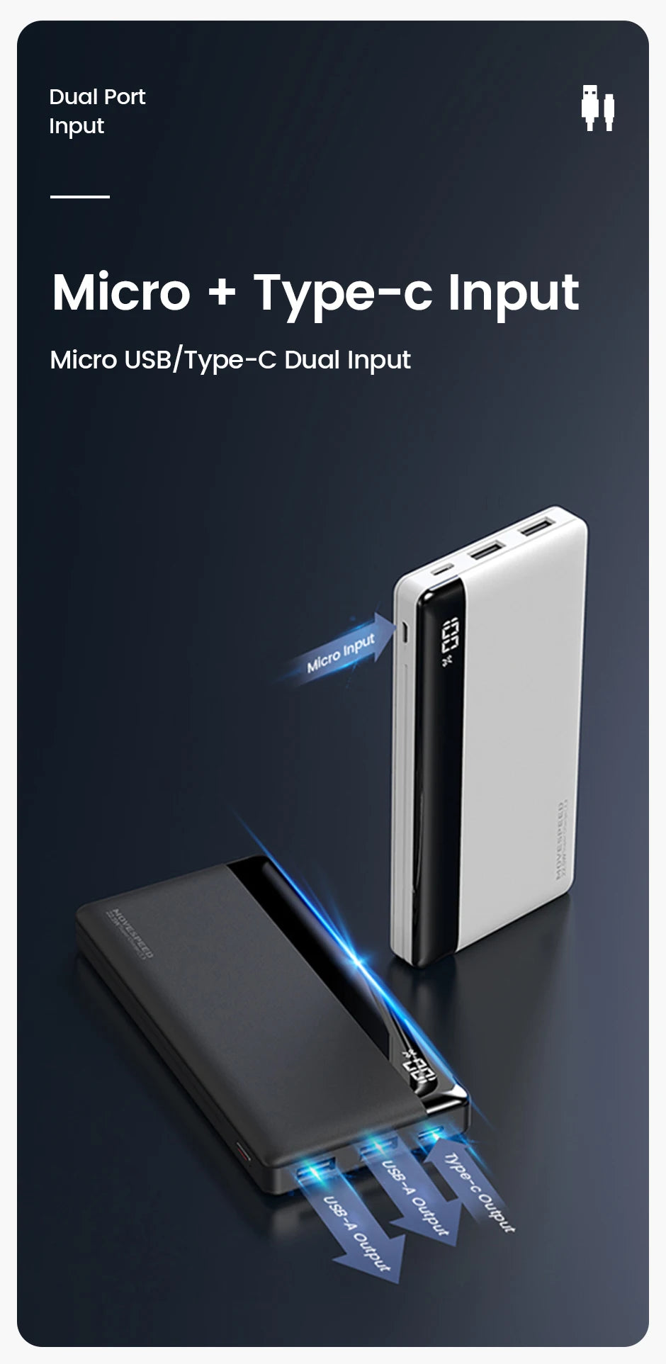 MOVESPEED K10 prenosna baterija 10000 mAh, dvojna vrata USB A, hitro polnjenje, velika zunanja baterija za iPhone 15 Pro, Samsung S23, Xiaomi 14