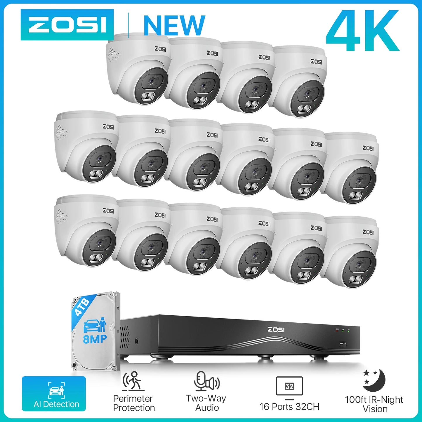 ZOSI 4K 16CH PoE Security Camera System – 8MP Indoor/Outdoor IP Cameras with 16‑Port 32CH