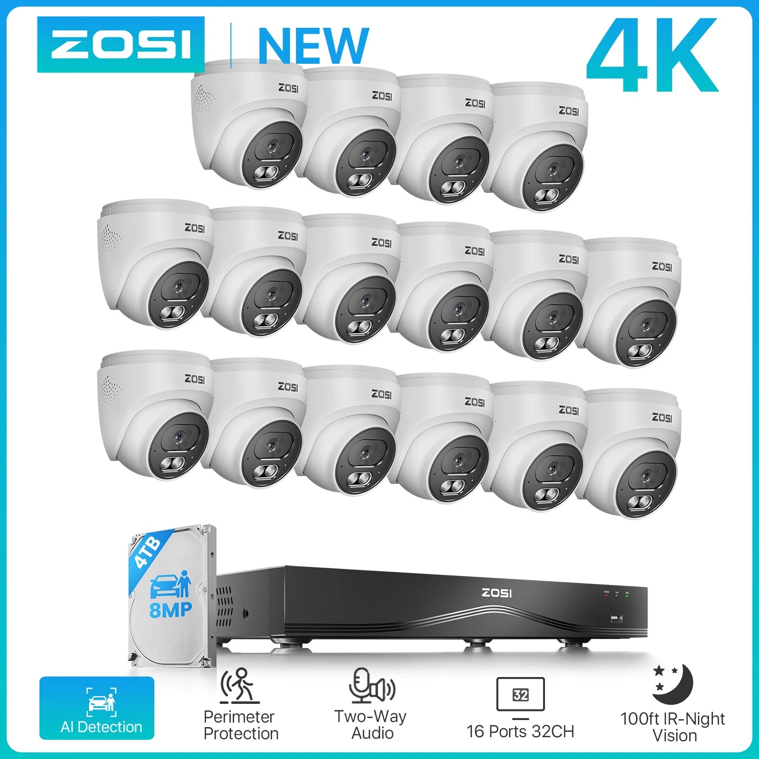 ZOSI 4K 16CH PoE Security Camera System – 8MP Indoor/Outdoor IP Cameras with 16‑Port 32CH
