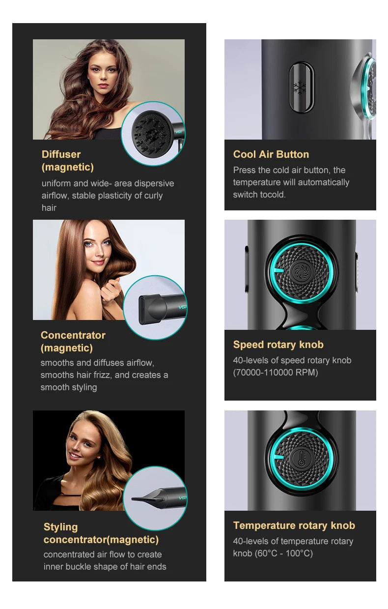 VGR Hair Dryer Professional Hot and Cold Adjustment 110000 RPM Hair Dryer Machine Powerful Hair Salon for Household Use V-401