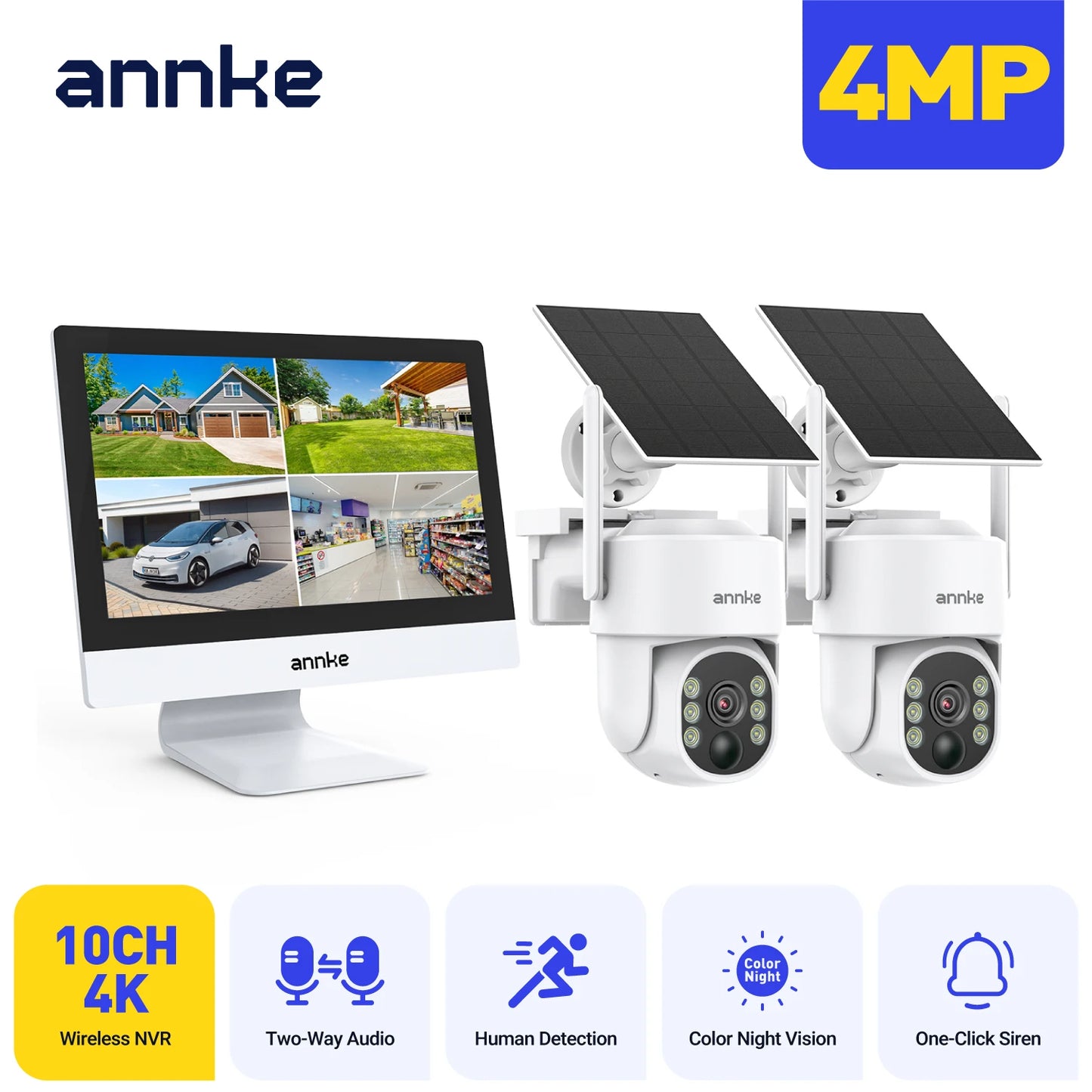 ANNKE 4MP Solar CCTV System | 10CH NVR, 5MP PTZ WiFi Cameras, PIR & Color Night Vision