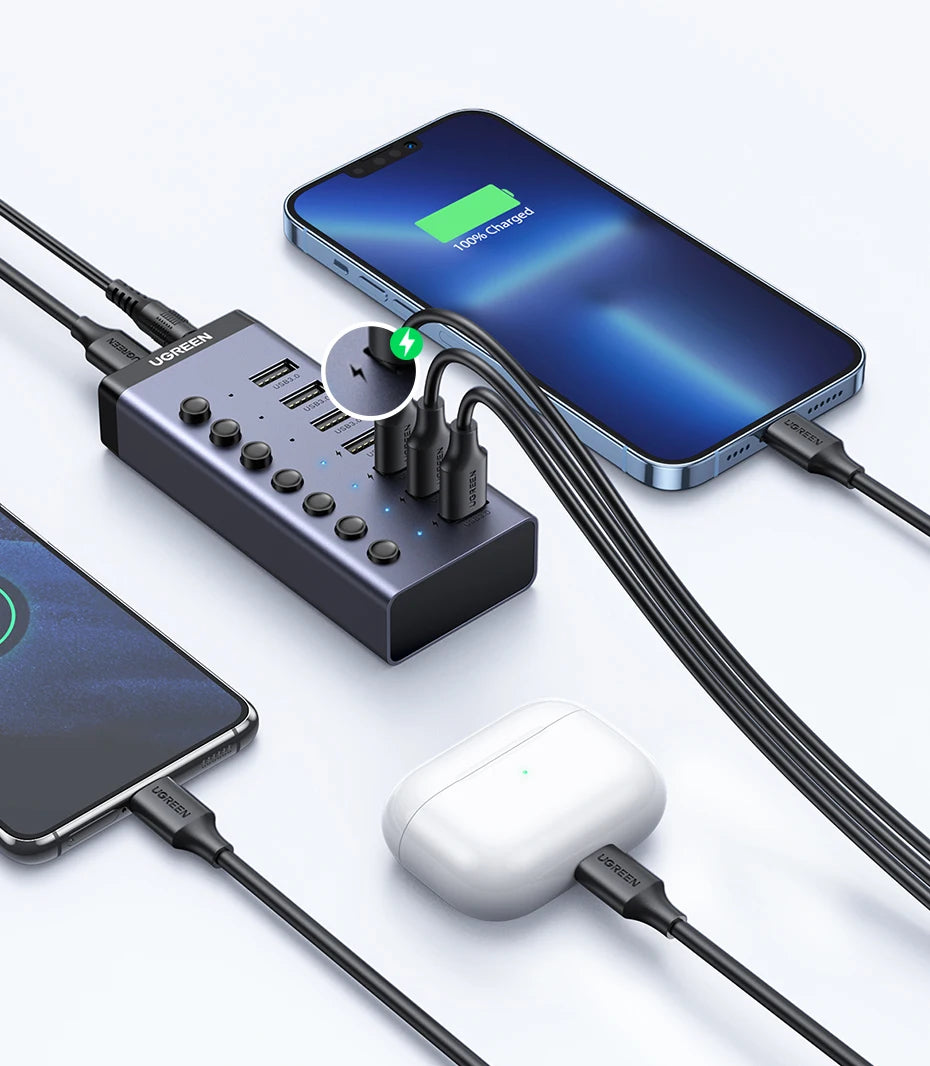 UGREEN 7‑Port USB 3.0 Hub with Individual Power Switches, 5Gbps High‑Speed Data