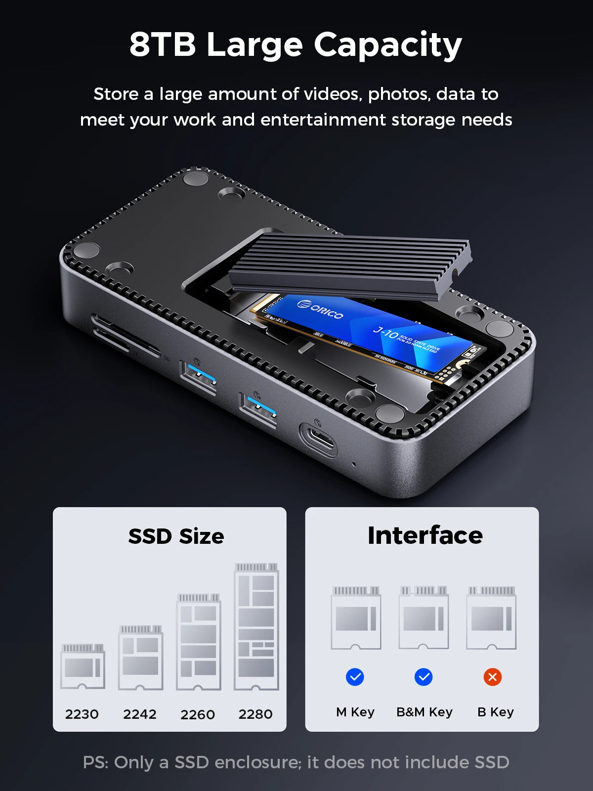 ORICO M2P7 USB‑C Hub with Cooling Fan, M.2 NVMe/SATA SSD Enclosure (10Gbps), 4K60Hz HDMI