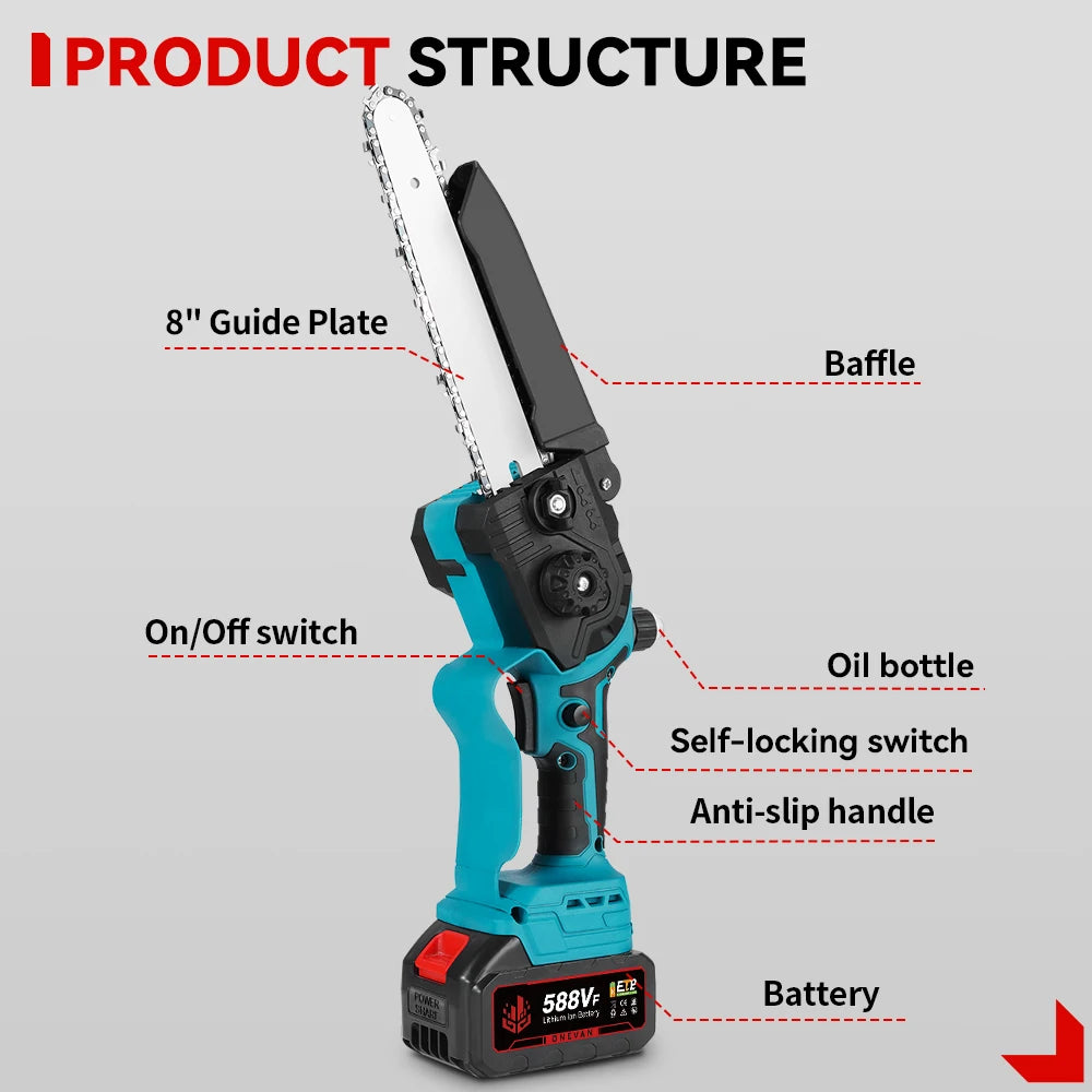 ONEVAN 8Inch Brushless Telescoping Pole Electric Chainsaw 40CM High Branch Saw Garden Pruning Tool For Makita 18V Battery Pin