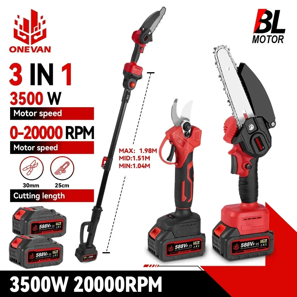 3‑in‑1 Brushless Telescoping Pole Chainsaw | Electric Pruner, Hedge Trimmer & Scissors