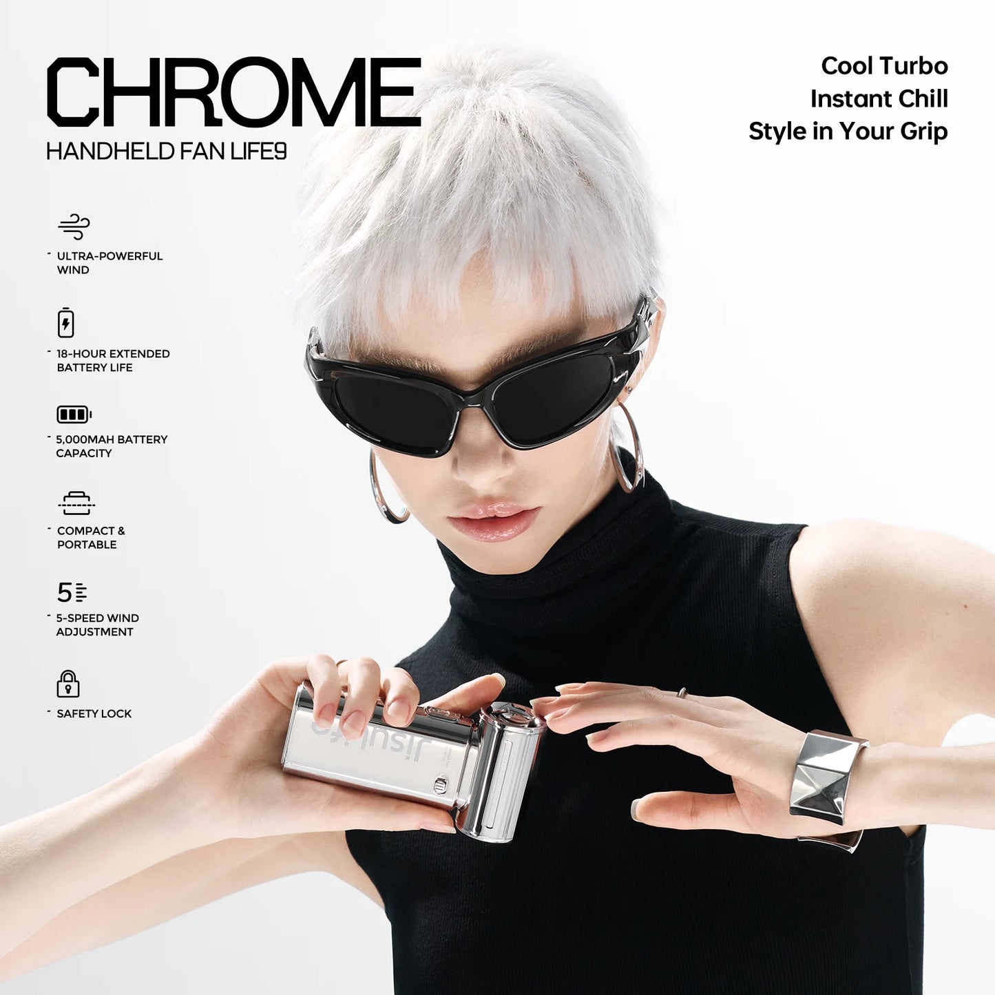 JISULIFE Life 9 Electroplate Plus Handheld Turbo Fan – 5000mAh High-Performance Battery