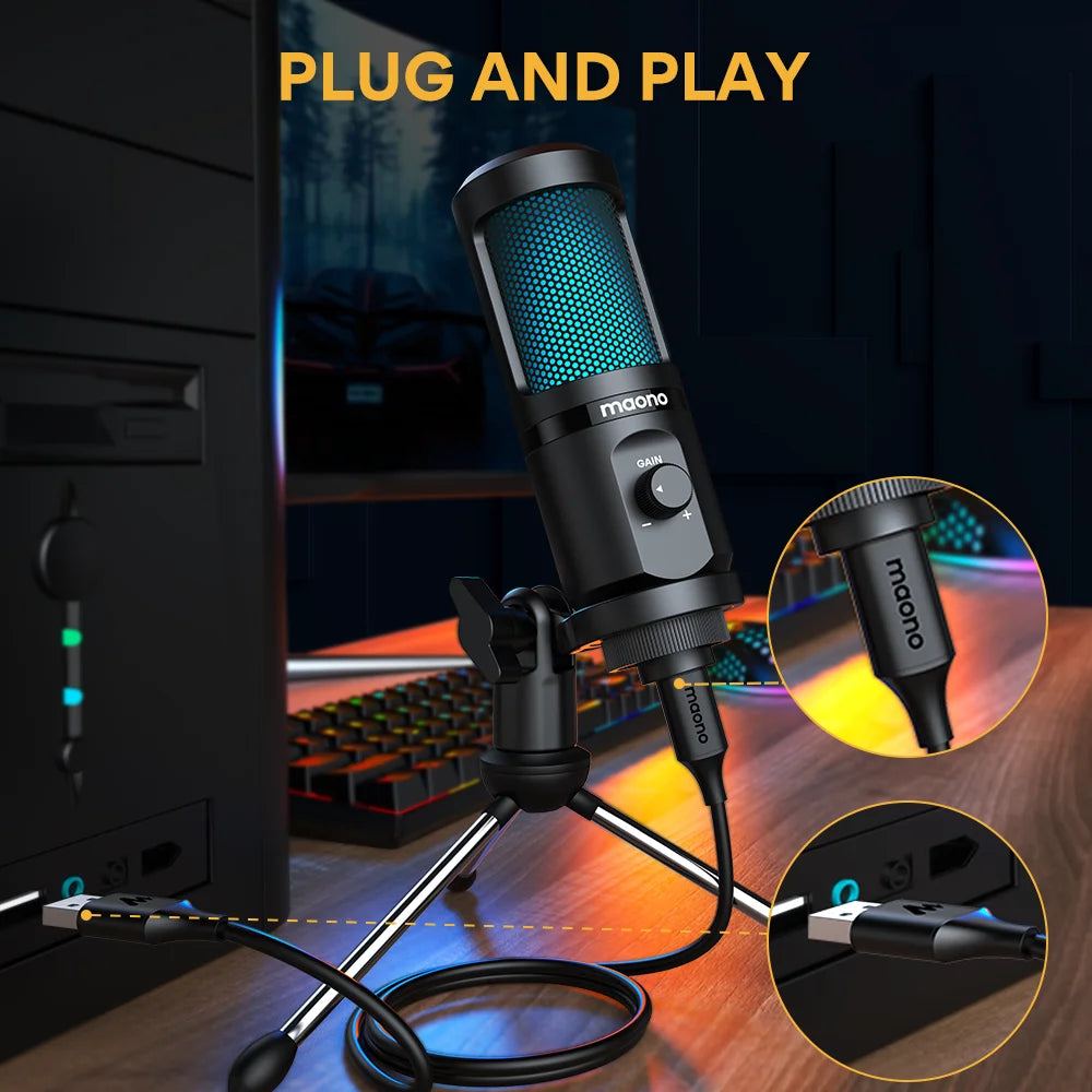 Maono PM461TR – RGB USB Gaming Condenser Microphone | Desktop Mic with Breathing Light for Podcasting, Streaming & Recording