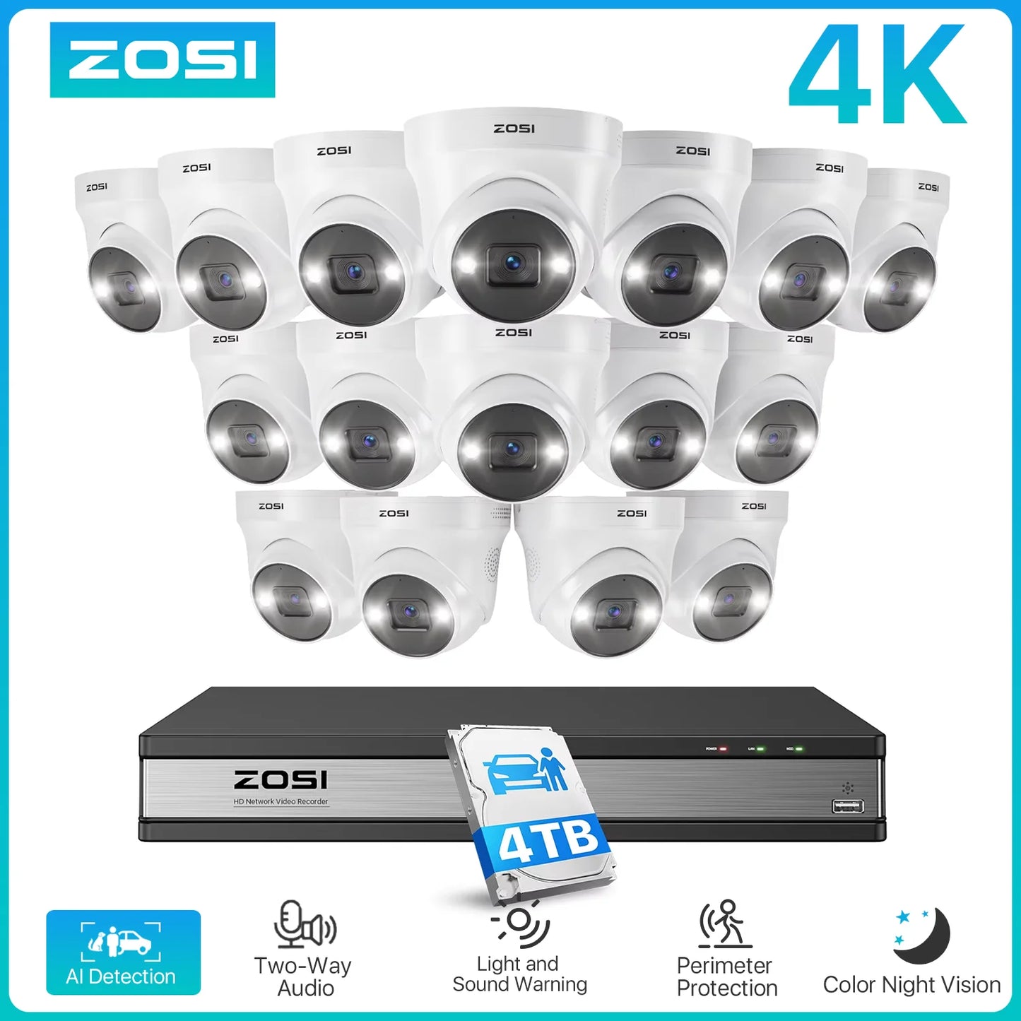 ZOSI 16CH 4K PoE Security Camera System – 8MP AI Detection IP Cameras | Waterproof 5MP/8MP