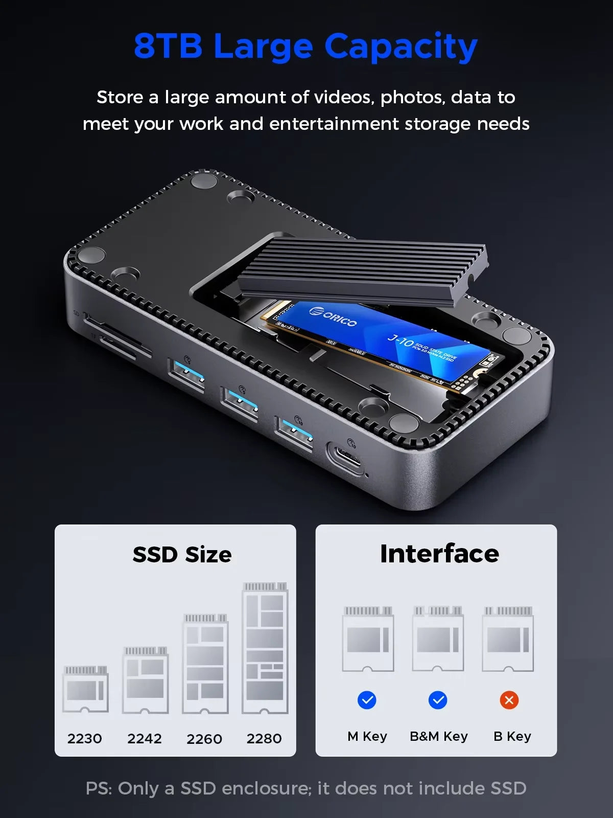 ORICO 10Gbps USB‑C Display Hub with M.2 NVMe/SATA SSD Enclosure, Cooling Fan, 4K60Hz HDMI