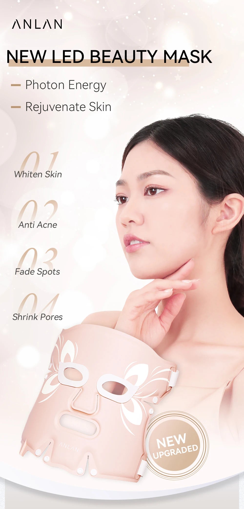 ANLAN LED Facial Mask | 5‑Color LED, Silicone, Anti‑Aging, Heating Photon Therapy