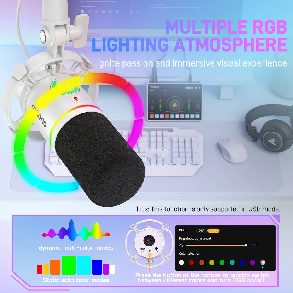 Maono PD200X – RGB Dynamic Gaming Microphone | USB/XLR Dual‑Mode Podcast Mic with Gain Control & One‑Key Mute