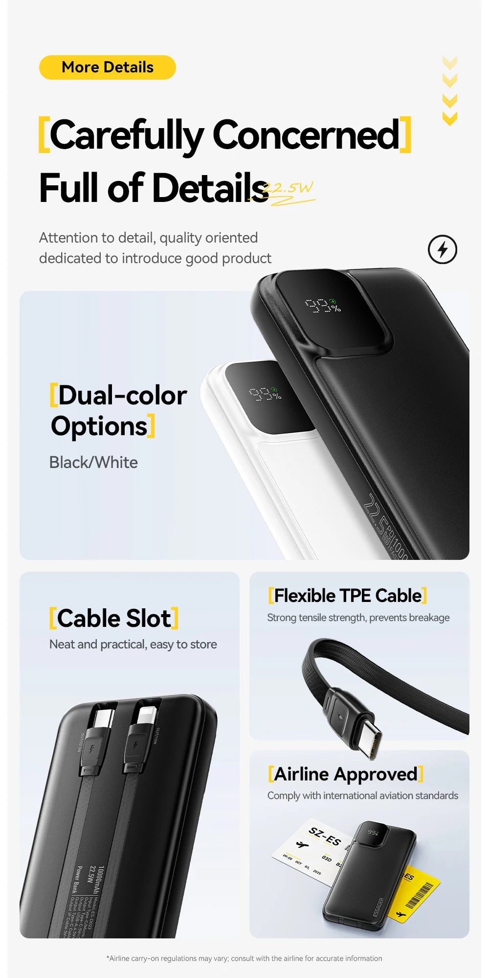 ESSAGER 20000mAh Power Bank with Two Built-in Cables 22.5W PD